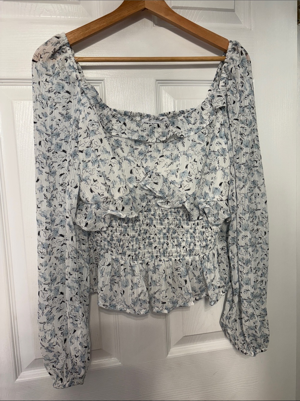 Smocked Floral Peasant Blouse - White with Blue Print